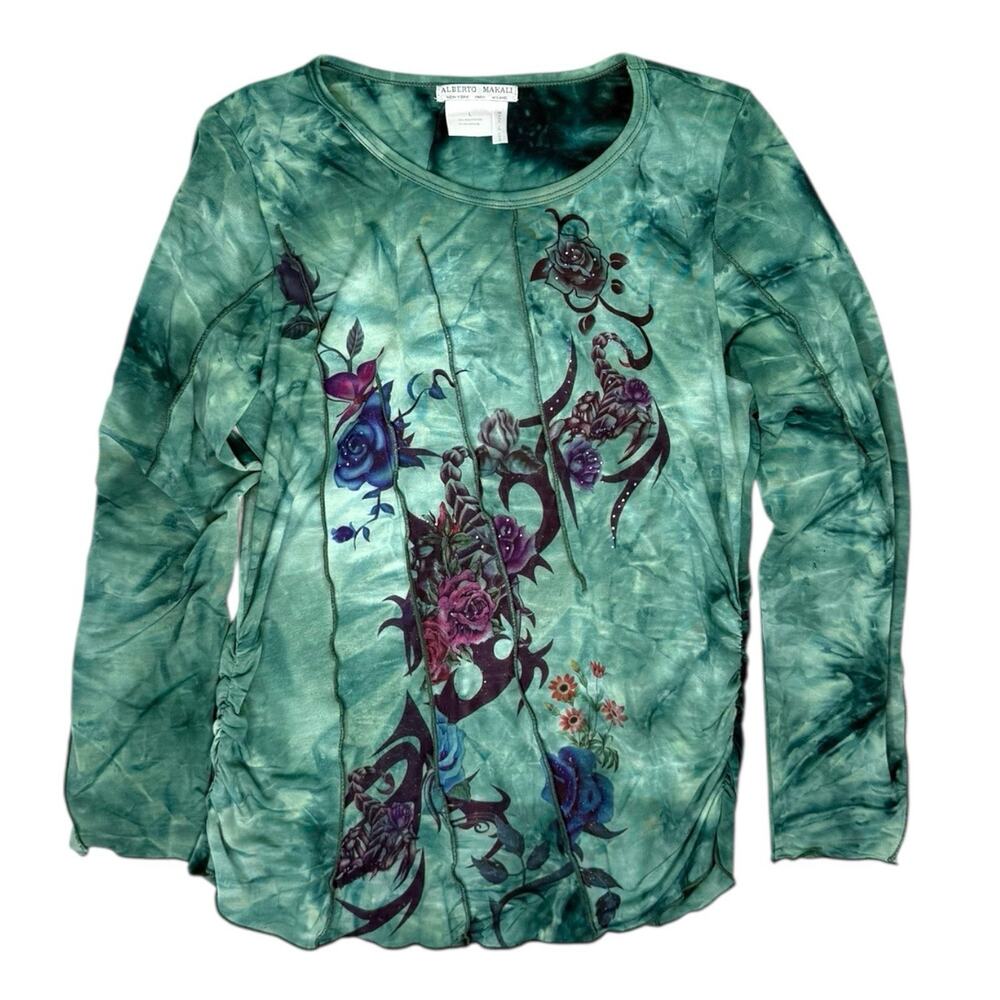 Alberto‎ Makali Tight Long Sleeve Scoop Neck Top Boho Artsy Ruched Sides Sz Lg